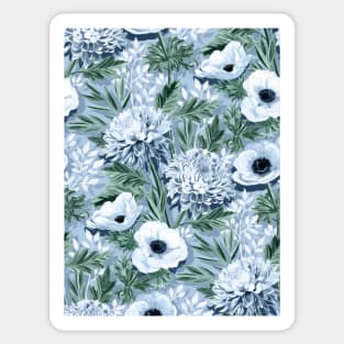 Anemones and Chrysanthemums in Green, Blue and White Sticker